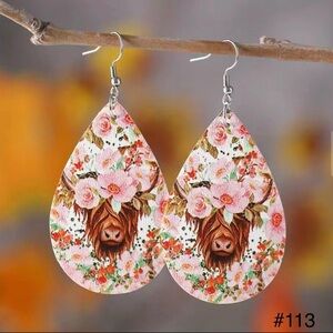#113 | Highland Cow with Floral Halo PU Leather Teardrop Dangle Earrings